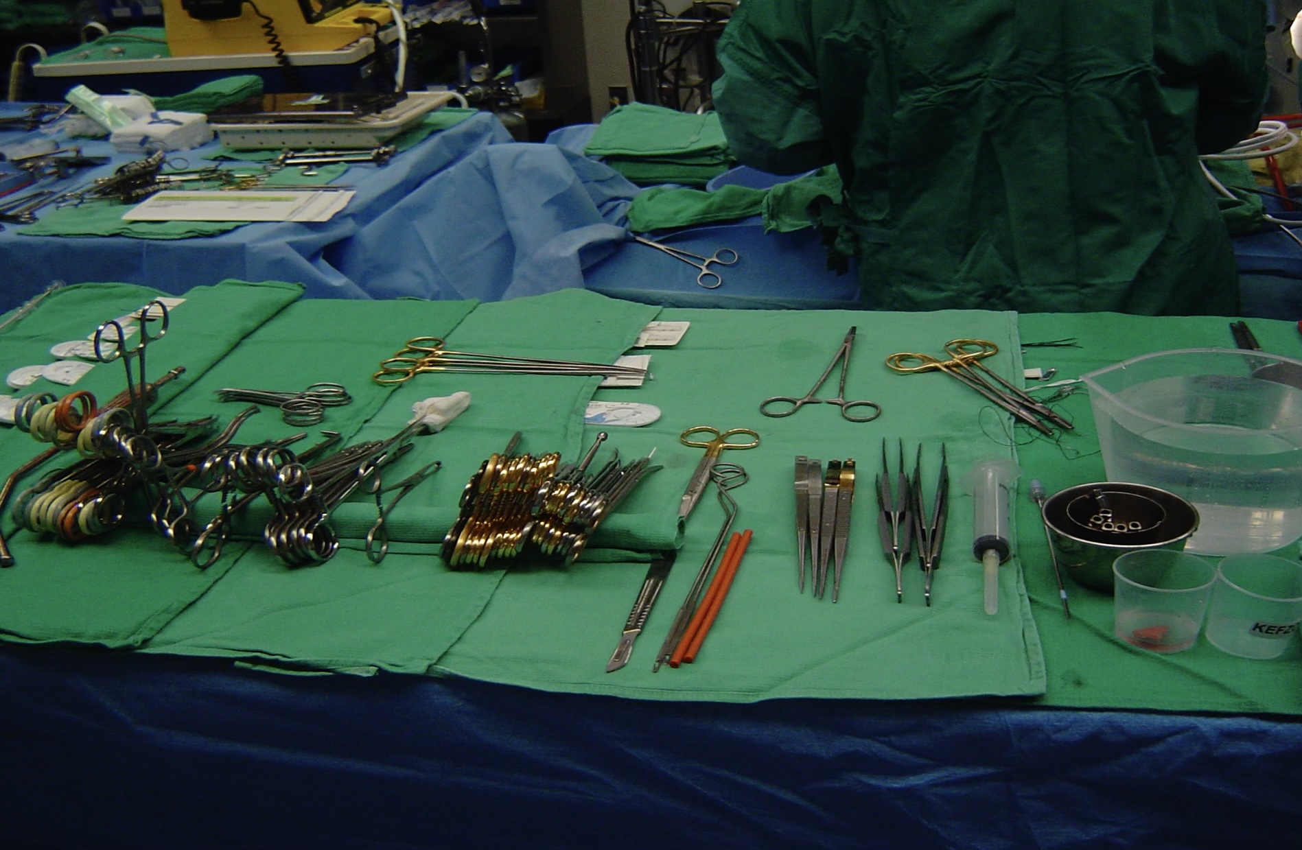 Surgical instrument tray with sharps and instruments laid out for counting