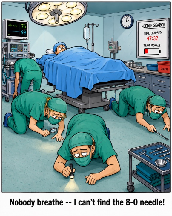 Cartoon of an OR team on the floor searching for a dropped needle, with an elapsed-time and team-morale board on the wall