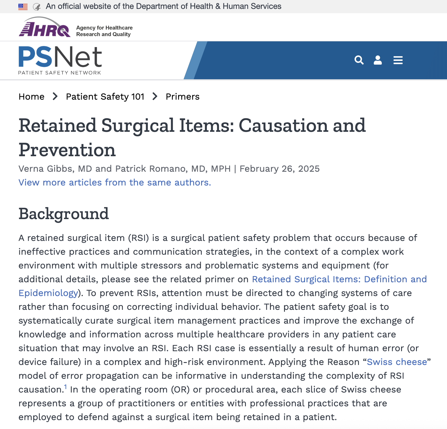 AHRQ PSNet primer: Retained Surgical Items — Causation and Prevention