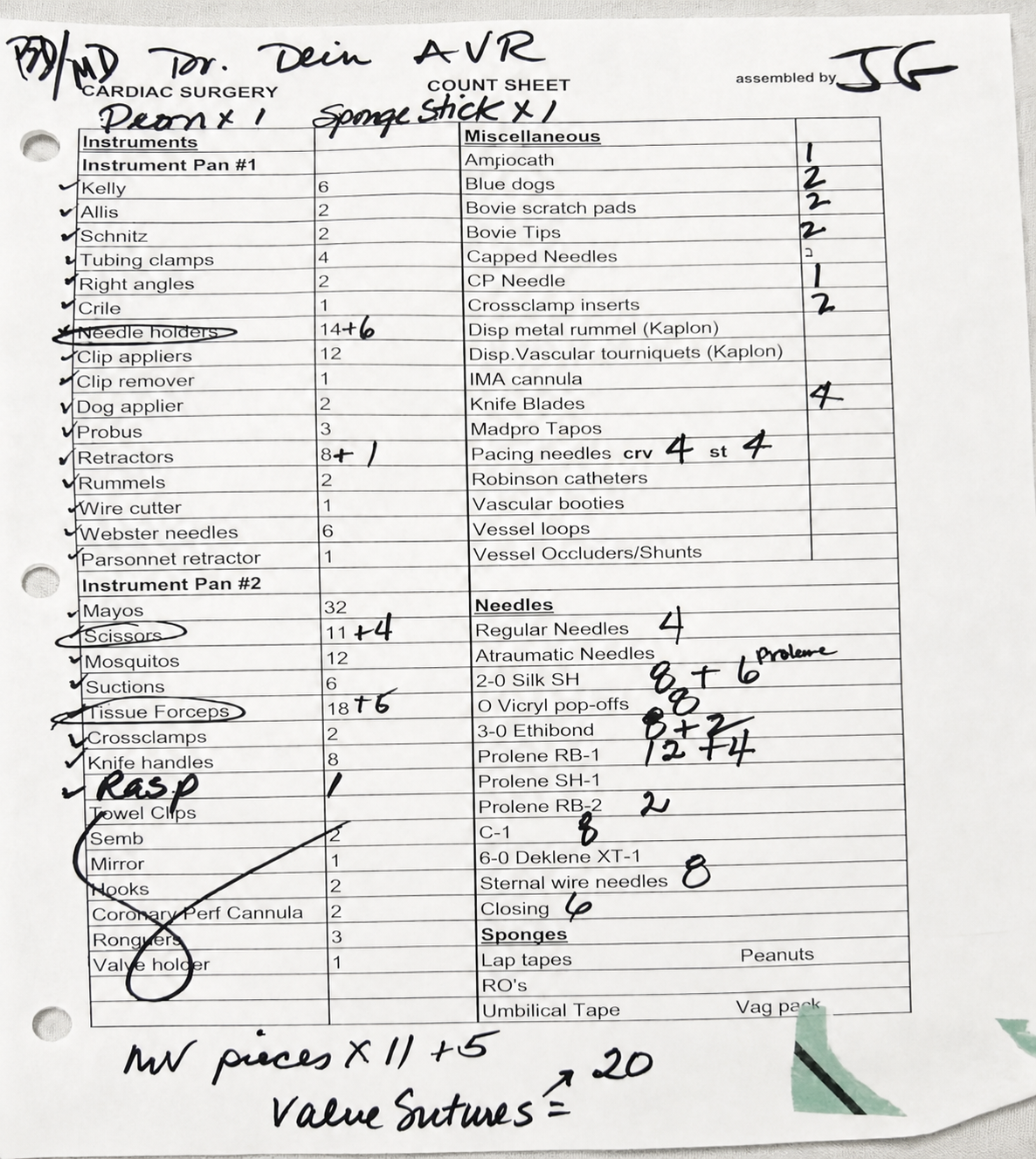 Handwritten cardiac surgery sharps count sheet